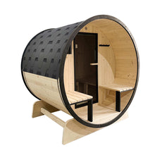 Load image into Gallery viewer, Outdoor White Finland Pine Traditional Barrel Sauna with Black Accents &amp; Front Porch Canopy - 3-5 Person Capacity