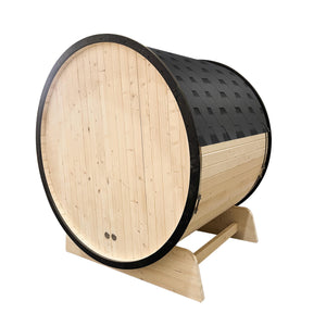 Outdoor White Finland Pine Traditional Barrel Sauna with Black Accents - 3-4 Person Capacity