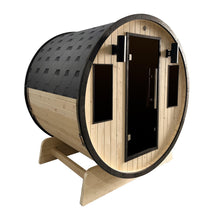 Load image into Gallery viewer, Outdoor White Finland Pine Traditional Barrel Sauna with Black Accents - 3-4 Person Capacity