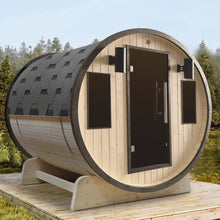 Load image into Gallery viewer, Outdoor White Finland Pine Traditional Barrel Sauna with Black Accents - 3-4 Person Capacity