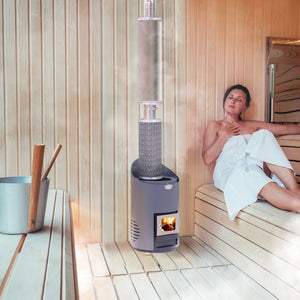 Wood Burning Sauna Heater and Chimney Kit | Curved Modern Style | Equivalent to 9-15 kW Electric Heater