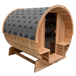 Outdoor Rustic Cedar Barrel Steam Sauna - Front Porch Canopy - UL Certified 3- 4 Person