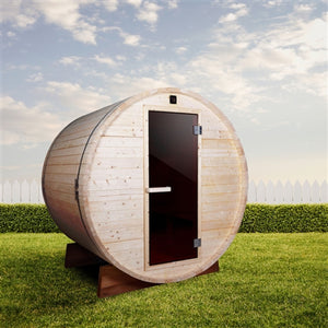 Outdoor and Indoor White Pine Barrel Sauna - 3-4 Person - 4.5 kW UL Certified Heater - Bitumen Shingle Roofing