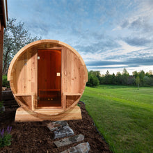 Load image into Gallery viewer, Outdoor Rustic Cedar Barrel Steam Sauna - Front Porch Canopy - UL Certified - 4-6 Person