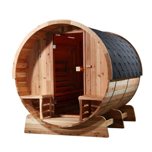 Outdoor Rustic Cedar Barrel Steam Sauna - Front Porch Canopy - UL Certified - 4-6 Person
