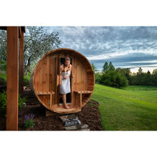 Load image into Gallery viewer, Outdoor/Indoor Red Cedar Wet/Dry Barrel Sauna - Front Porch Canopy with Panoramic View - Bitumen Shingle Roofing - 8 kW UL Certified KIP Harvia Heater - 6-8 Person