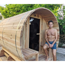 Load image into Gallery viewer, Outdoor/Indoor Red Cedar Wet/Dry Barrel Sauna - Front Porch Canopy with Panoramic View - Bitumen Shingle Roofing - 8 kW UL Certified KIP Harvia Heater - 6-8 Person