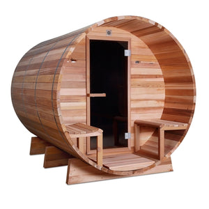 Outdoor/Indoor Red Cedar Wet/Dry Barrel Sauna - Front Porch Canopy with Panoramic View - Bitumen Shingle Roofing - 8 kW UL Certified KIP Harvia Heater - 6-8 Person