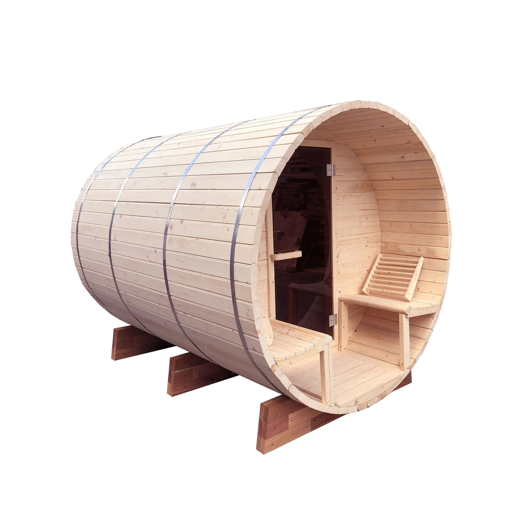 Outdoor or Indoor White Finland Pine Wet Dry Barrel Sauna - Front Porch Canopy - 8 kW UL Certified KIP Harvia Heater - 6-8 Person