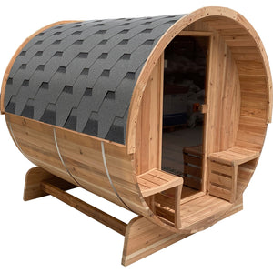 Outdoor Rustic Cedar Barrel Steam Sauna with Bitumen Shingle Roofing - 6 Person - 6 kW ETL Certified Heater