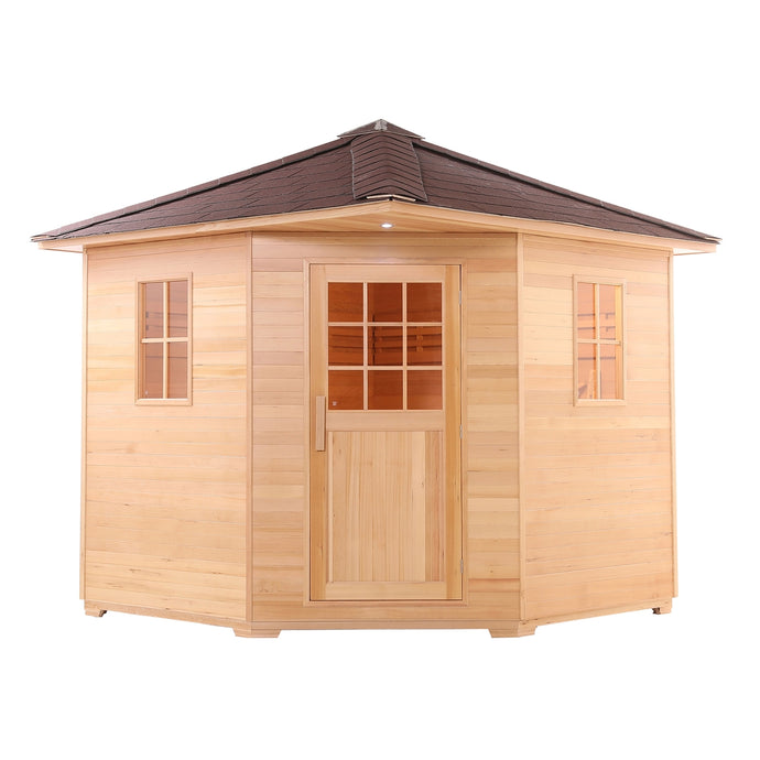 Canadian Hemlock Wet Dry Outdoor Sauna with Asphalt Roof - 8 kW UL Certified Heater - 8 Person